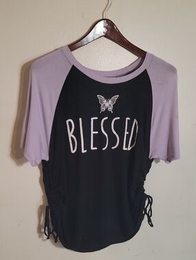 No Boundaries Black & Lavender Raglan Tee with "Blessed" Graphic